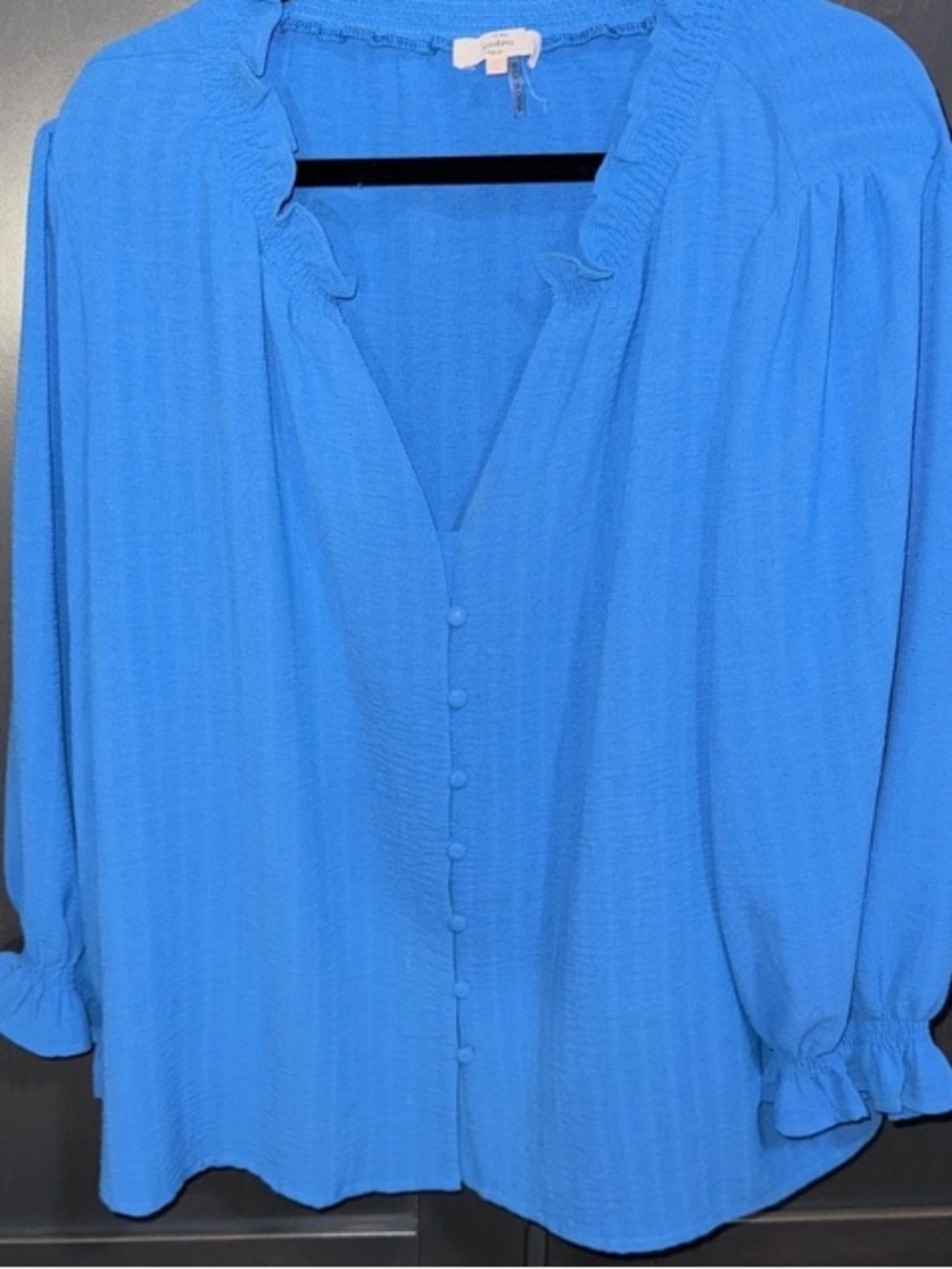 Entro Bright Blue Ruffle-Neck Button Front Blouse